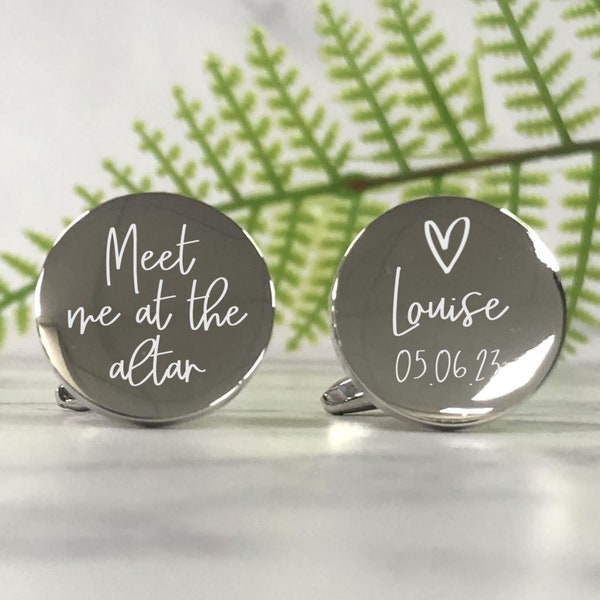 Silver Personalised Engraved 'Meet Me At The Altar' ROUND Wedding Hubby To Be Gift Cufflinks - Personalised Engraved Gift Box Available