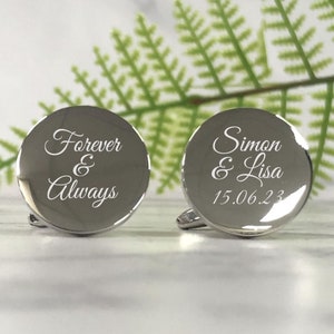 Silver Personalised Engraved &#39;Forever and Always&#39; ROUND Wedding Couples Name Cufflinks - Personalised Engraved Gift Box Available