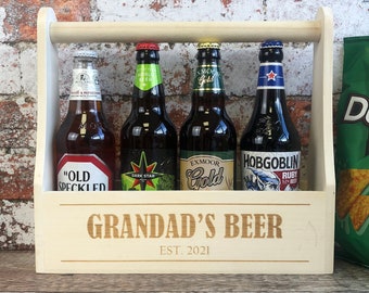 Personalised Beer Caddy Grandad's Beer, Wooden Beer Crate, Engraved Beer Bottle Holder, Granddad Gift, Birthday, Christmas Gift for Grandad