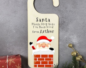 Santa Stop Here Personalised Door Sign | Printed Wooden Hanger | Christmas Gifts For Children |  Santa, I've Been Good | Santa Sign