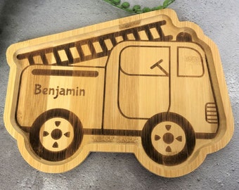 Children's Bamboo Plate Fire Truck - Personalised Baby Plate - Fire Truck - Toddler Baby Gifts - Fire Engine Snack Tray - EcoFriendly Dining