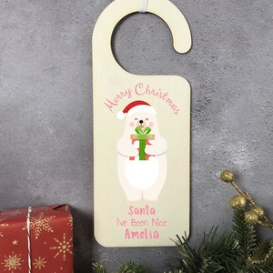 Santa Stop Here Personalised Door Sign | Childrens Door Hanger | Christmas Gifts For Children |  Christmas Polar Bear Pink or Blue