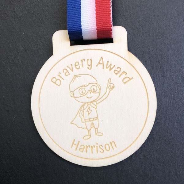 Personalised Bravery Superhero Engraved Wooden Medal | Children's Bravery Medal | Well done Medal l Little Hero Medal | Child Bravery Award