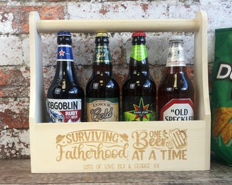 Personalised Wooden Beer Caddy, Surviving Fatherhood, Engraved Beer Bottle Holder, Beer Gifts, Gifts for Dads, Him, Birthdays, Christmas
