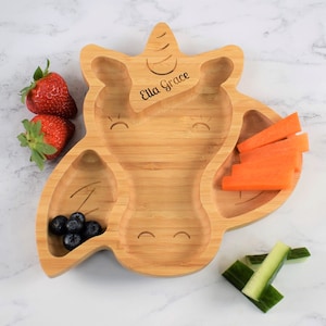 Personalised Engraved Bamboo Children&#39;s Plate - Weaning - Baby Gift - Toddler Gifts- Unicorn Bamboo Plate with Suction