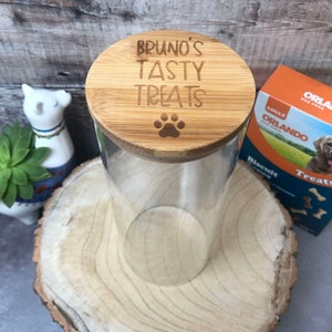 Personalised Bamboo Lid Dog Treat Storage Jar Pick Your Size Glass Storage Jar Dog Reward Jar with Engraved Lid with Paw Print & Name image 1