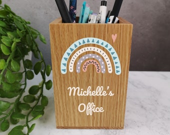 Personalised Rainbow Pen Holder Pot Wooden Desk Tidy Printed Office Teacher Mum Grandma Birthday Thank You Gift - Large Rainbow