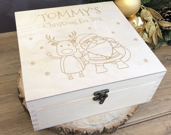 Engraved Christmas Eve Box with name - Cute Personalised Wooden Xmas Box for Children - 3 Sizes - Santa Claus & Rudolph