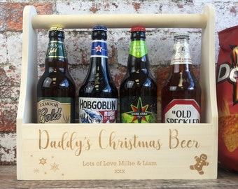 Personalised Beer Caddy, Wooden Christmas Beer Crate, Engraved Personalized Beer Bottle Holder, Xmas Dad Gift, Grandad Gift - Xmas Beer