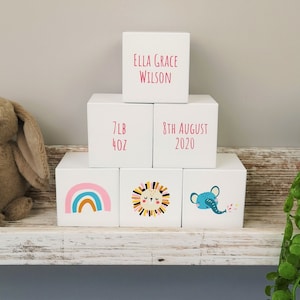 Personalisierte Baby Geburt Weiße Block Andenken Würfel mit: Füße, Name, Gewicht, Datum & Uhrzeit, Regenbogen, Tiere, Babybauklötze