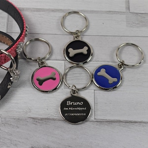 Personalised, Engraved Round Pet ID tag with bone, collar tag, dog tag, cat tag, microchip, puppy, kitten, new pet gift