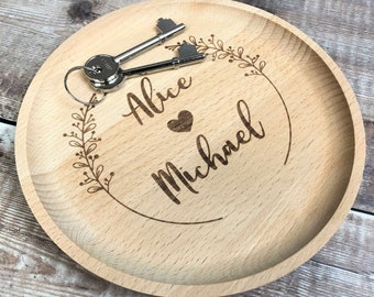 Personalised Wooden Key Coin Tray - Wooden Trinket Dish - Couples New Home Gift - Key Tray - Bedside Dish - Gifts For Couples
