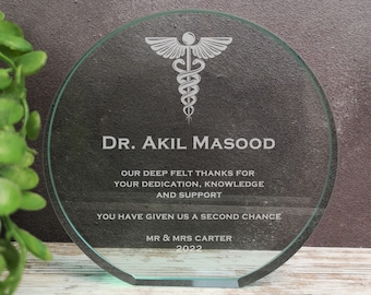 Plaque en verre pour médecins avec caducée, cadeau de remerciement pour médecins - Cadeau personnalisé pour médecin - Plaque de remerciement gravée