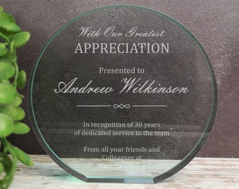 Personalised Glass Employee Award, Retirement Appreciation, For Manager, Staff, Retirement Award with Laser Engraving, Thank You Gift