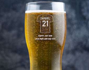 Personalised Football Shirt Pint Glass | Engraved Football Striped Shirt Tulip Glass Gift | Custom Beer Glass | Etched Birthday Beer Glass