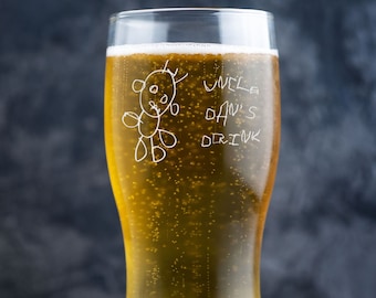 Personalised Child’s Drawing Engraved On Pint Glass | Gift for Dad | Gift for Mum, Grandad, Uncle | Bespoke Beer Glass | Keepsake