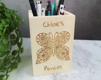Personalised Stationary Holder Butterfly Pot for Children Light Wooden Pen and Pencil Engraved Desk Tidy Children's Crafting Gifts