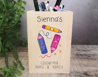 Personalised Colouring Pen and Pencil Pot Light Wooden Pen and Pencil Desk Tidy Engraved Teacher Children Birthday Thank You Gift