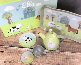 Personalised Tea Set Farm Yard Animals - Personalized Tin Tea Set - Picnic - Children's Role Play - Storage Suitcase - Toddler Pretend Gift