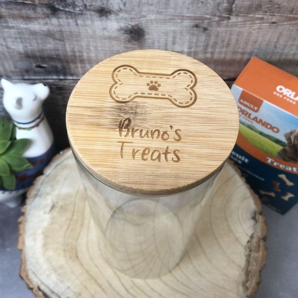 Personalised Dog Treat Jar with Bamboo Lid | Pick Your Size | Glass Storage Jar | Dog Biscuit Jar with Engraved Lid | Bone & Name Design