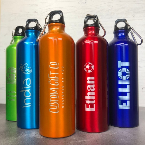 Personalised Sports Bottle in Aluminium 750ml Gym Bottle, Cycling Hiking Sports Football Tennis Bottle, Clip On Water Bottle, Engraved Gift