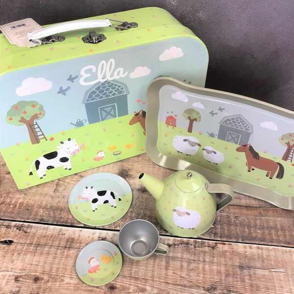 Personalised Tea Set Farm Yard Animals - Personalized Tin Tea Set - Picnic - Children's Role Play - Storage Suitcase - Toddler Pretend Gift