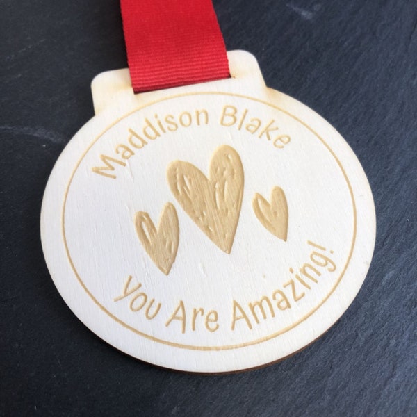 Personalised Engraved Wooden Medal with Hearts | Well Done Medals | Eco-friendly Medals | Gifts for Mums and Dads | Valentines Gifts