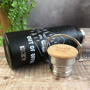 Personalised Engraved Insulated Water Bottle with camping design, Metal Bottle with Bamboo Lid, Camper Van Outdoor Living Out Of Office