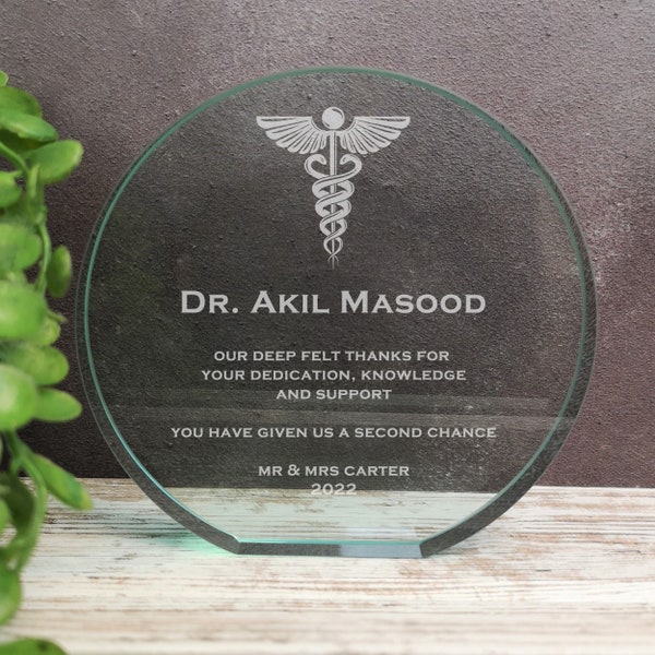 Plaque en verre pour médecins avec caducée, cadeau de remerciement pour médecins - Cadeau personnalisé pour médecin - Plaque de remerciement gravée