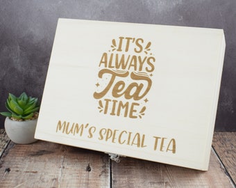 Personalised Engraved Tea Storage Box - Perfect Custom Gift For Tea Lovers, Bespoke Tea Boxes, Engraved Tea Caddy Tea Storage Box - Tea Time