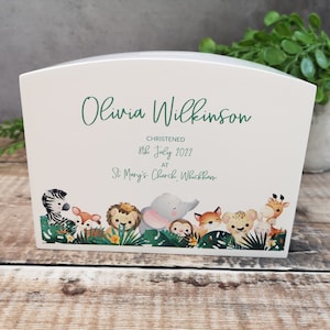 Gepersonaliseerde spaarpot met safaridieren | Luxe massief hout | Gepersonaliseerde doopcadeau | Kinderbedrukt spaarvarken aandenken cadeau
