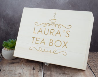 Personalised Engraved Tea Storage Box - Perfect Custom Gift For Tea Lovers, Bespoke Tea Boxes, Engraved Tea Caddy Tea Storage Box - Name