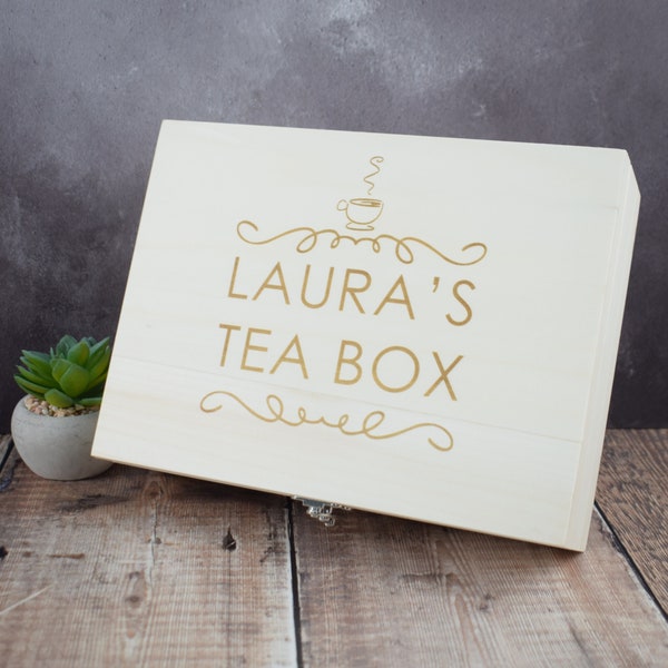 Personalised Engraved Tea Storage Box - Perfect Custom Gift For Tea Lovers, Bespoke Tea Boxes, Engraved Tea Caddy Tea Storage Box - Name
