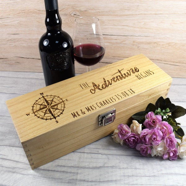 Caja de vino personalizada Caja de vino de boda de madera rústica grabada, Cajas de vino de madera, Caja de vino grabada - La aventura comienza