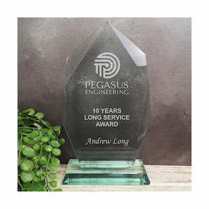 May include: A clear glass award with a geometric design. The award features the text "PEGASUS ENGINEERING" and "10 YEARS LONG SERVICE AWARD". The name "Andrew Long" is also engraved on the award. The award is mounted on a rectangular glass base.