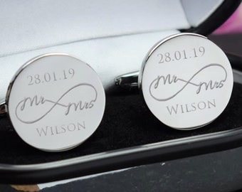 Gemelos REDONDOS Grabados Personalizados de Plata - Regalo de Boda, Sr. y Sra., Infinito - Caja de Regalo Grabada Personalizada Disponible