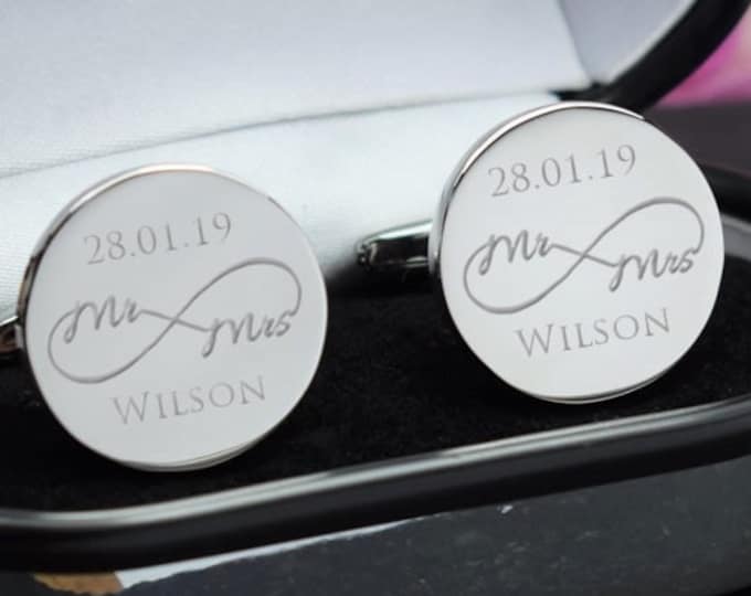 Silver Personalised Engraved ROUND Cufflinks -Wedding Gift, Mr & Mrs, Infinity - Personalised Engraved Gift Box Available