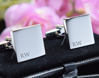 Silver Personalised Engraved Initial SQUARE Cufflinks - Wedding or Birthday Gift - Personalised Engraved Gift Box Available