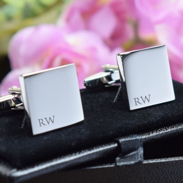 Silver Personalised Engraved Initial SQUARE Cufflinks - Wedding or Birthday Gift - Personalised Engraved Gift Box Available