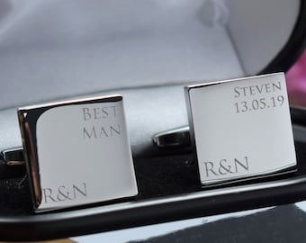 Silver Mens Personalised Best Man Wedding Day Custom Engraved SQUARE Cufflinks - Personalised Engraved Gift Box Available