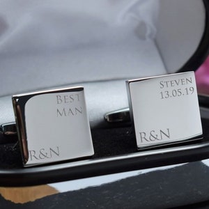 Silver Mens Personalised Best Man Wedding Day Custom Engraved SQUARE Cufflinks Personalised Engraved Gift Box Available image 1
