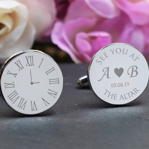 Silver Personalised Engraved ROUND Cufflinks -Wedding, See you at the Altar, Clock - Personalised Engraved Gift Box Available