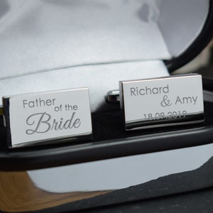 Personalisierter Vater der Braut Hochzeitstag Gravur Silber Herren RECHTECK Hochzeit Manschettenknöpfe