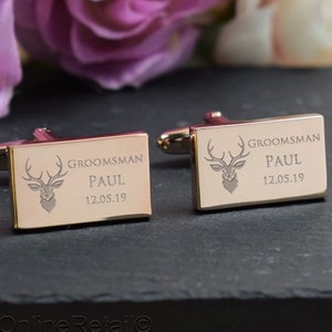 ROSE GOLD Personalised Engraved Groomsman RECTANGLE Cufflinks - Stag Do or Wedding Day - Personalised Engraved Gift Box Available