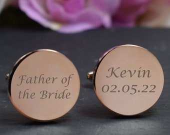 Mens ROSE GOLD Engraved Father of the Bride Wedding Day Custom Engraved ROUND Cufflinks - Personalised Engraved Gift Box Available