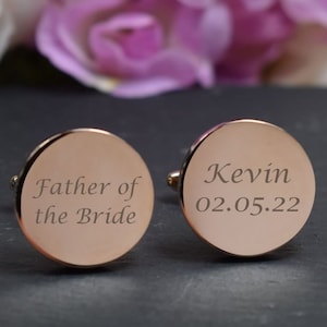 Mens ROSE GOLD Engraved Father of the Bride Wedding Day Custom Engraved ROUND Cufflinks - Personalised Engraved Gift Box Available