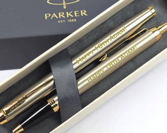 Personalised, Engraved Parker IM Brushed Metal & Gold Ballpoint and Rollerball Pen Set - Parker Pen Sets, Wedding Pens (1931670-1931663)