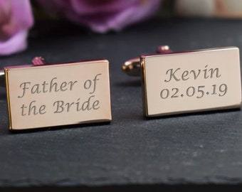 Mens ROSE GOLD Engraved Father of the Bride Wedding Day Custom Engraved RECTANGLE Cufflinks - Personalised Engraved Gift Box Available