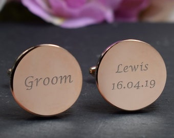 Mens Customised ROSE GOLD Groom Wedding Day Custom Engraved ROUND Cufflinks - Personalised Engraved Gift Box Disponible