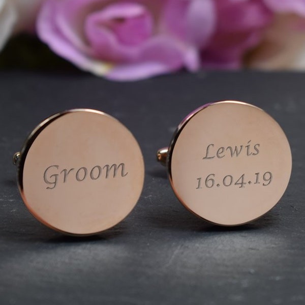 Mens Customised ROSE GOLD Groom Wedding Day Custom Engraved ROUND Cufflinks - Personalised Engraved Gift Box Disponible